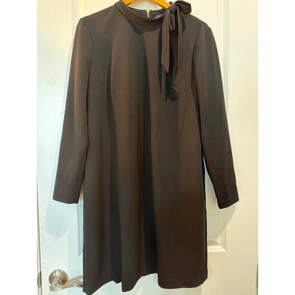 Andrew Marc Womens Black Long Sleeve Tie Neck Shift Dress Size 16 Gold Zipper
